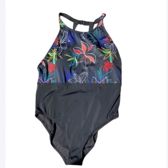 Other - Ecobeach swimsuit one piece high neck black w floral printed vacation beach XL
